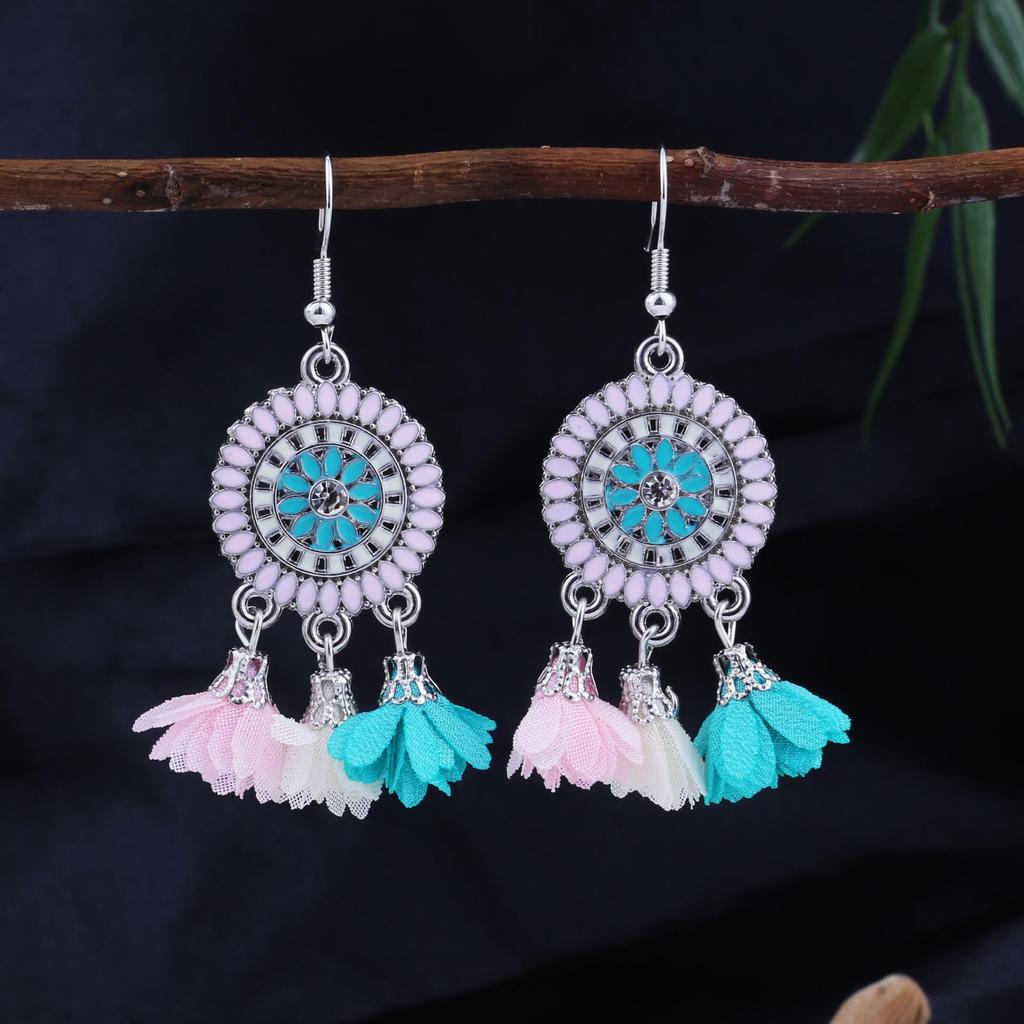 Ethnic Feather Tassel Dangle Earrings - Imitation Miao Silver Style, Popular Tourist Item, Cute Bean Design.