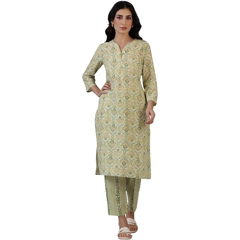 W for Woman Off-White Floral Printed Pure Cotton A-line Kurta and Pants Co-ord Set (Size: M)-WS12336-125449