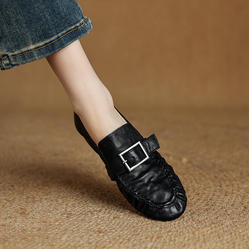 Krazing Pot Cow Skin Spring Summer Size 40 Loafers Thick Low Heels Pleated Decoration Women Round Toe Leisure Pumps