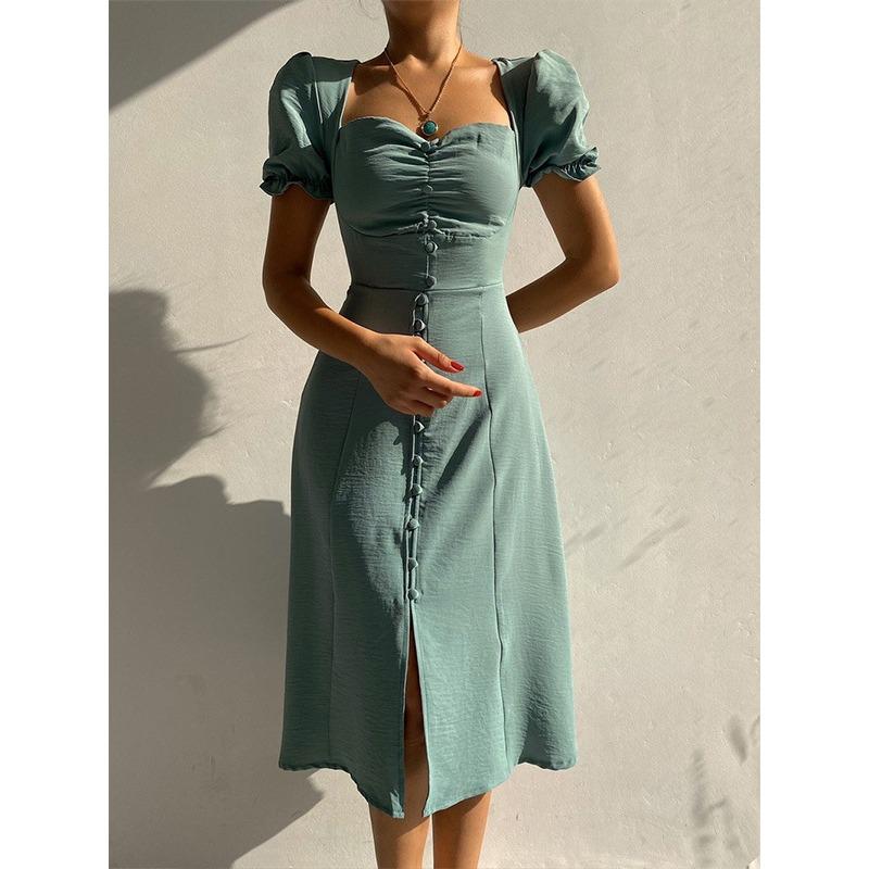 Women's Spring and Summer V-neck Single Breasted Temperament In The Long Dress