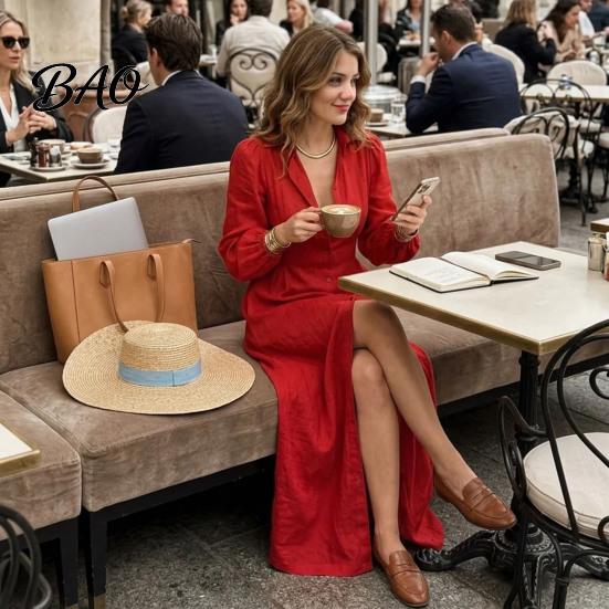 Women Casual Dress Button Front Shirt Dress, Long Sleeve Turn-down Collar Dresses Solid Color Cinched Waist for Daily Office Collared Style