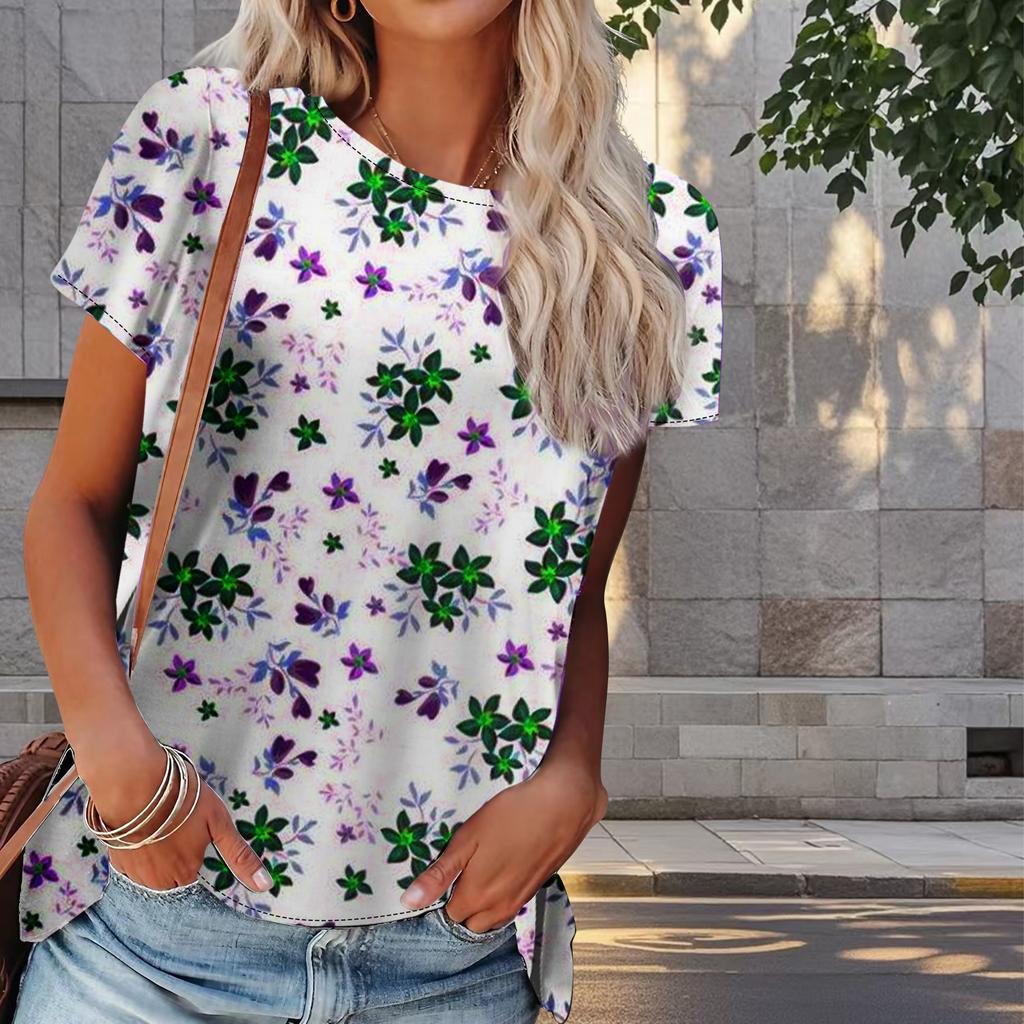 Damen Sommer T-Shirt Blumendruck Retro Mode Kurzarm T-Shirts Casual Printed Tops