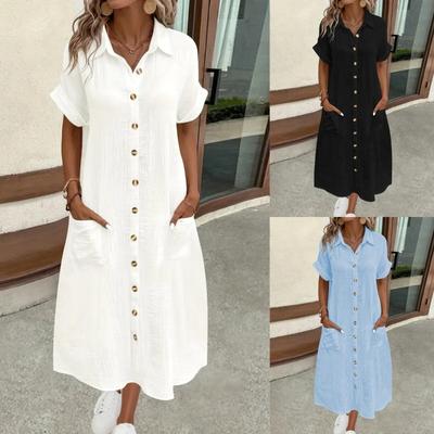 Vestido largo de verano liso con cuello simple de botones para mujer