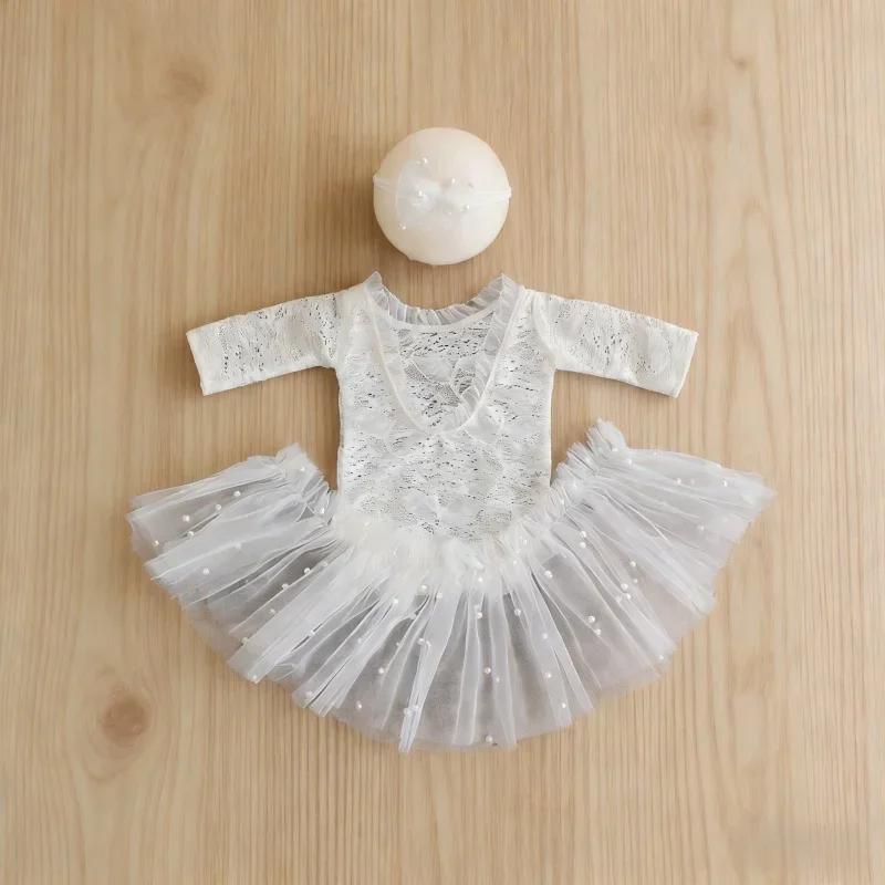 Short Sleeve Baby Lace Jumpsuit Pearl Skirt Set Baby Photography Clothing Infant Studio Shoot Posing Wear Photo Shooting Props