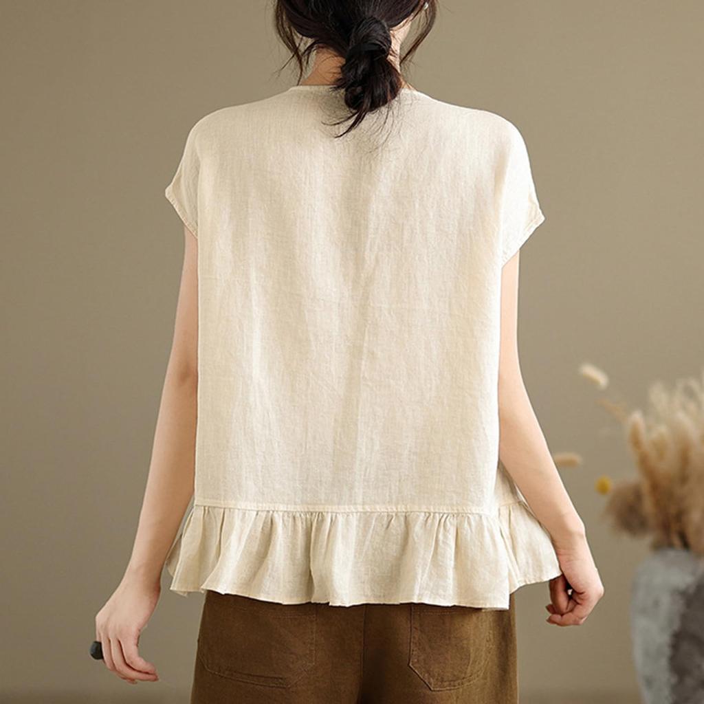 Women Short Sleeve Ruffle Hem Peplum Tops Crewneck Button Down Shirts Casual Fashion Blouse