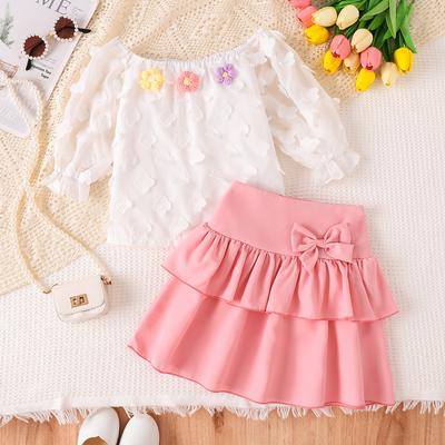 Girls' Fashionable Outfit - Autumn Children's White Chiffon Top And Cake-style Half-length Skirt Set
