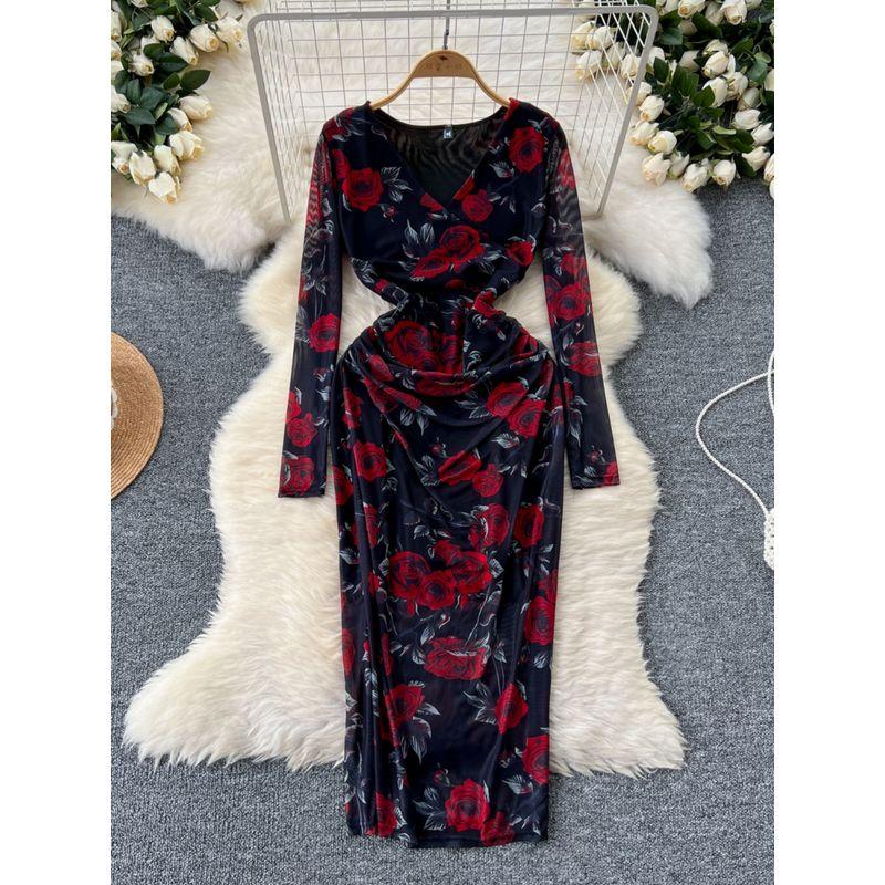 Adult Lady like Woman Fancy Women's Clothing Dress Scheming Ruched Silm Slim Looking Temperament Long Sleeve Mesh Floral Print Hip Skirt