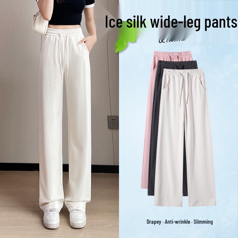

Women s Ice Silk Pink High-Waisted Wide-Leg Pants - Summer Thin, Mosquito-Repellent, Casual Straight-Narrow Leg Design. S
