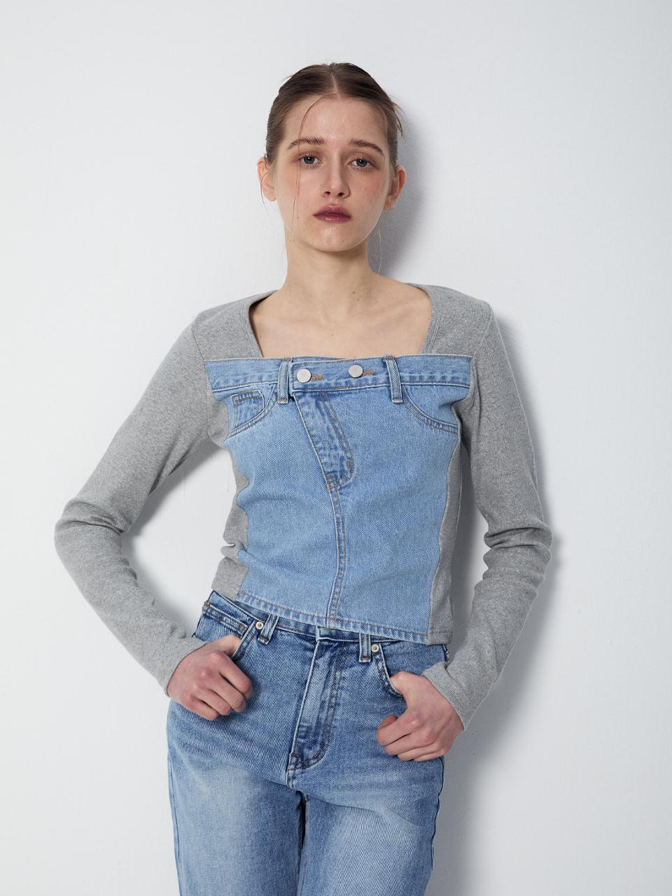 Renezmia Denim Patch Detail Top_Gray