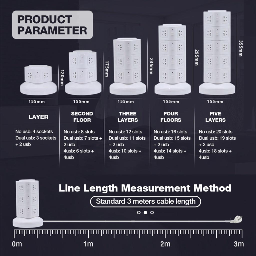 100v-250v Vertical Power Socket Powerboard Outlet Plug Extension Multi USB Ports Charger Socket Power Strip White 3500w