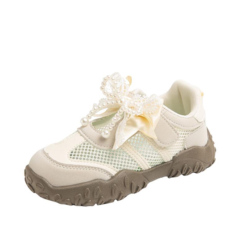

Girls Sports Shoes Spring/Summer Stain-resistant Soft Sole Breathable Mesh Shoes Cute Bow Casual Shoes 33 бежевий