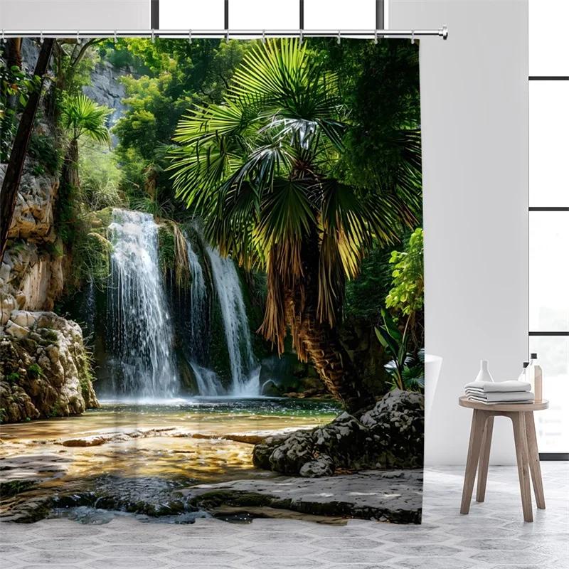 Tropical Jungle Landscape Shower Curtains Green Plants Palm Tree Waterfall Forest Nature Scenery Home Bathroom Curtain Decor Set