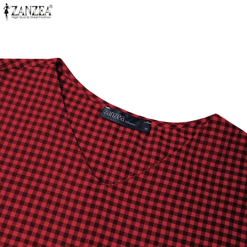 ZANZEA Women Casual V-Neck Summer Short Sleeve Plaid Print Dress