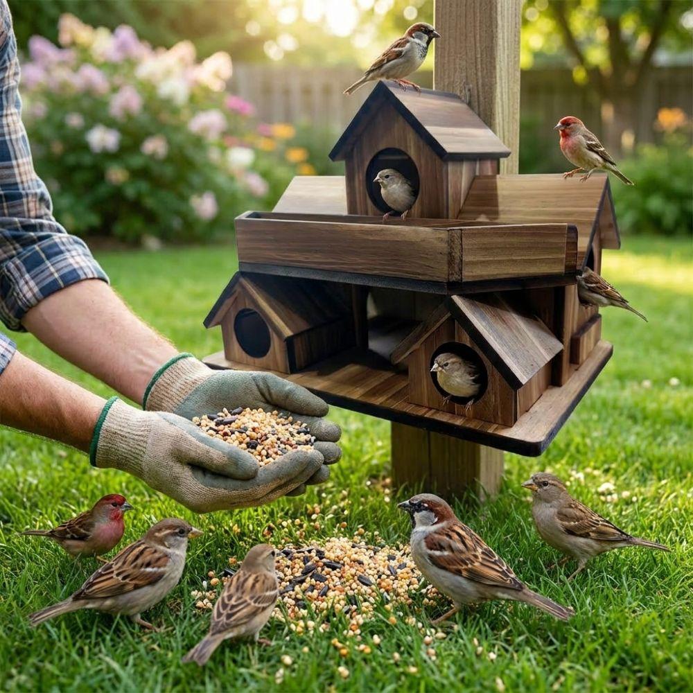 Casa de Pájaros de Madera Hecha a Mano Resistente a la Intemperie Impermeable Caja de Cría de Pájaros 3 Habitaciones Espesada Villa de Pájaros Nido Exterior