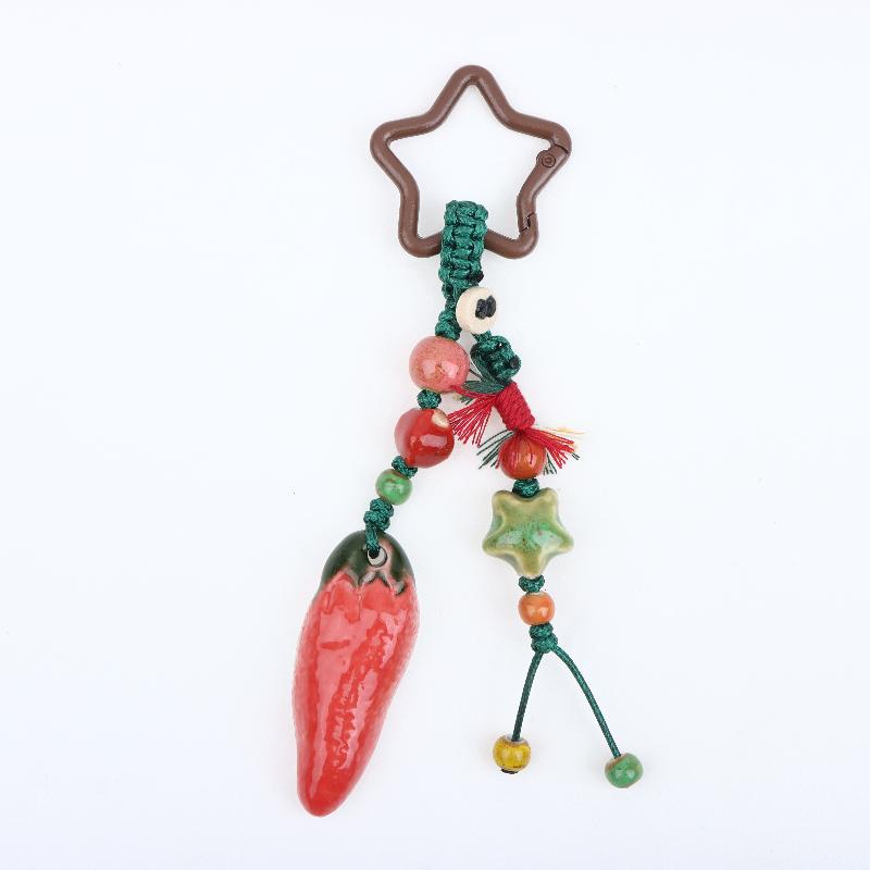Handmade Ceramic Strawberry Pepper Keychain Vintage Style Smooth Surface Key Ring for Purse Hanging Decoration Gift
