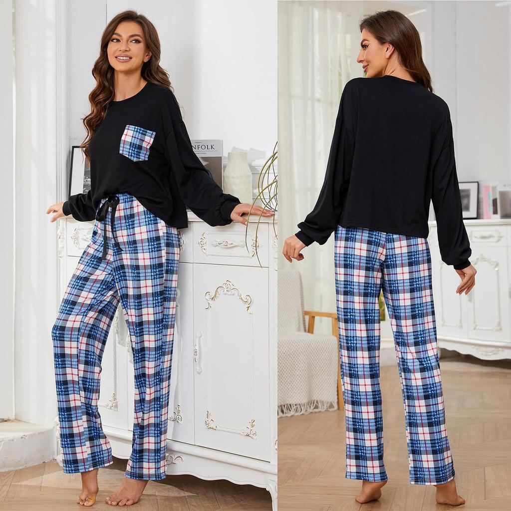Pyjama 2 pièces pour femme, pantalon à carreaux, chemise à manches longues, vêtements de maison décontractés, printemps-automne