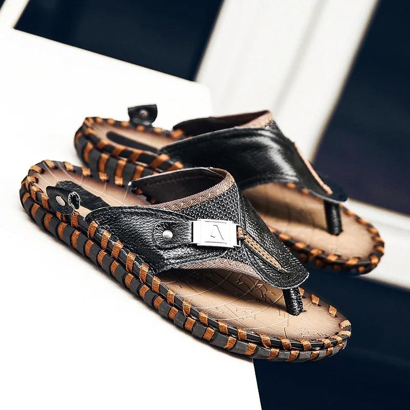 Summer New Men Genuine Leather Slippers Fashion Designer Flip-flops Young Man Street Cool Beach Shoes
