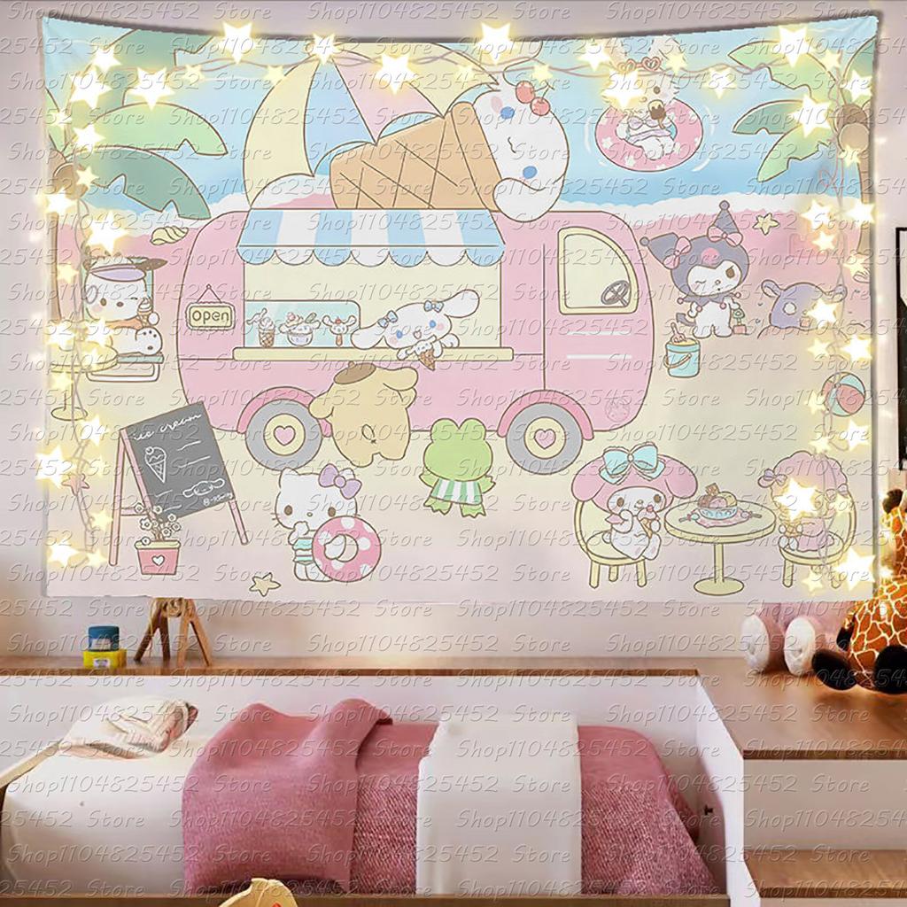 Adorable Sanrio Family Pink Heart Tapestry Kawaii Anime Wall Hanging Decor Super Cute Girls Heart Printed Home Decor