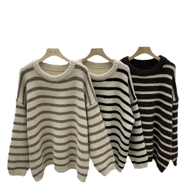 Sweater Women's Autumn and Winter New Retro Lazy Wind Knitted Sweater Striped Soft Waxy Comfortable Loose Top Bottoming Shirt