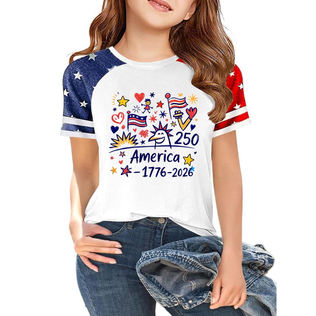Kids Independence Day Print Crew Neck Short Sleeve Casual T Shirt Lightweight Comfortable Summer Tee Top for Boys Girls