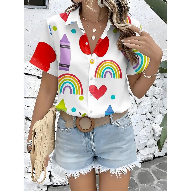 Women's Casual Short Sleeve Shirt Apple Rainbow Heart Colored Crayon Polka Dot Patterns Trendy Button Up Machine Washable Top