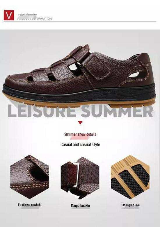 Men's Genuine Leather Breathable Summer Sandals - Large Size, Closed Toe, Perforated Cowhide Beach Shoes