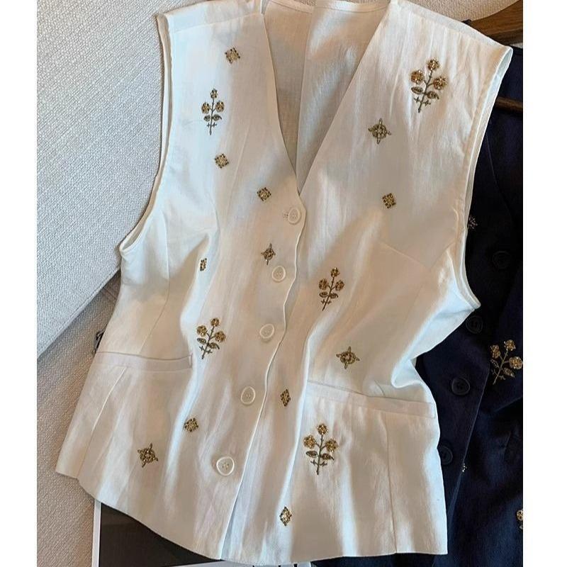 Women s Summer Vest Embroidered Cotton and Linen Sleeveless Blouse Loose V-neck Fashion Vest S