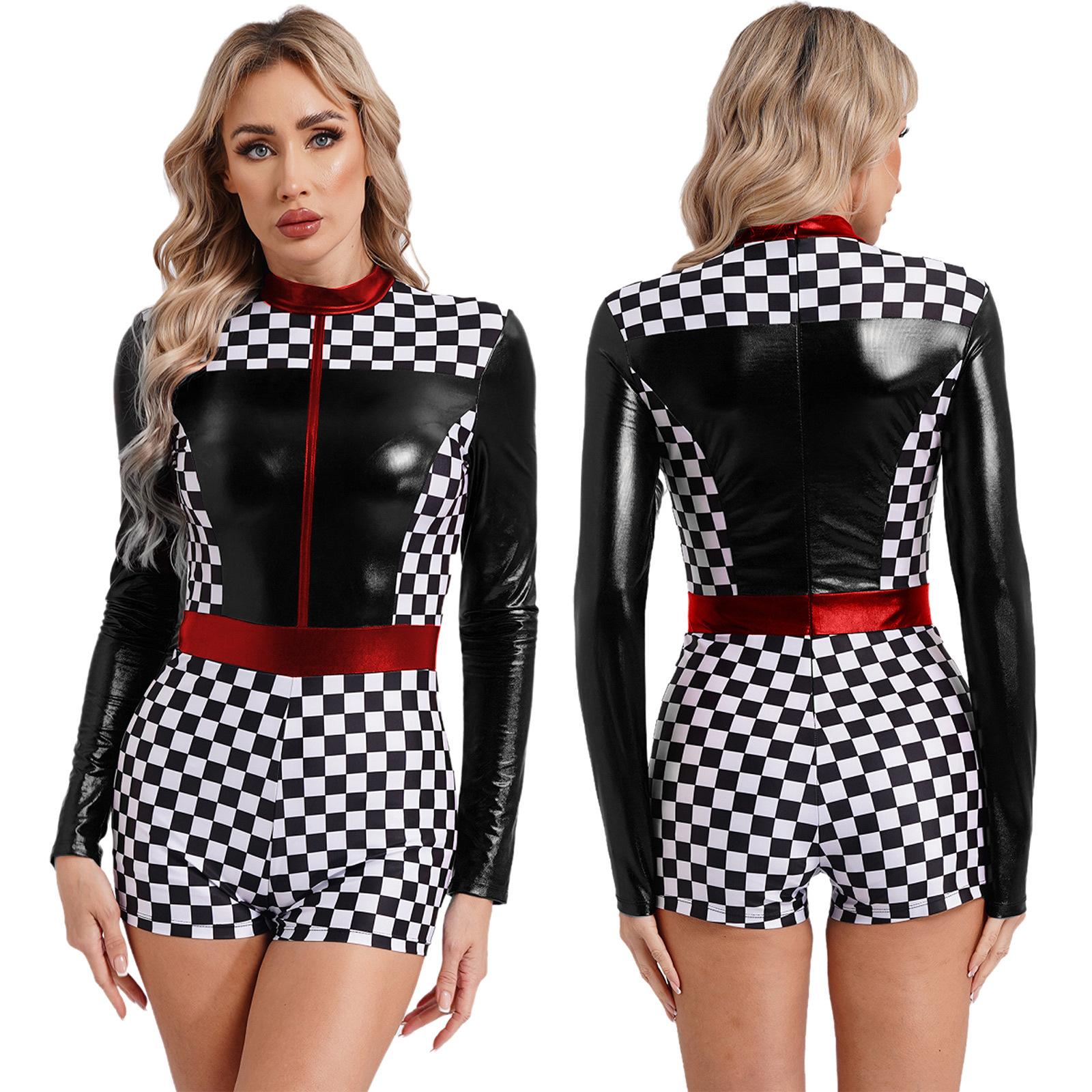 

Women s Race Car Driver Costume Long Sleeve Chessboard Boyshorts Romper Bodysuit S чорний