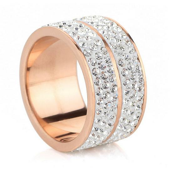 Stylish 12MM Stainless Steel Double Row Rhinestone Ring