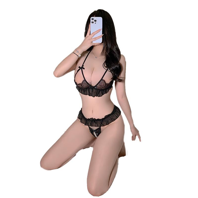 Sex underwear sexy lace three-point bra underwear women's transparent temptation pajama set