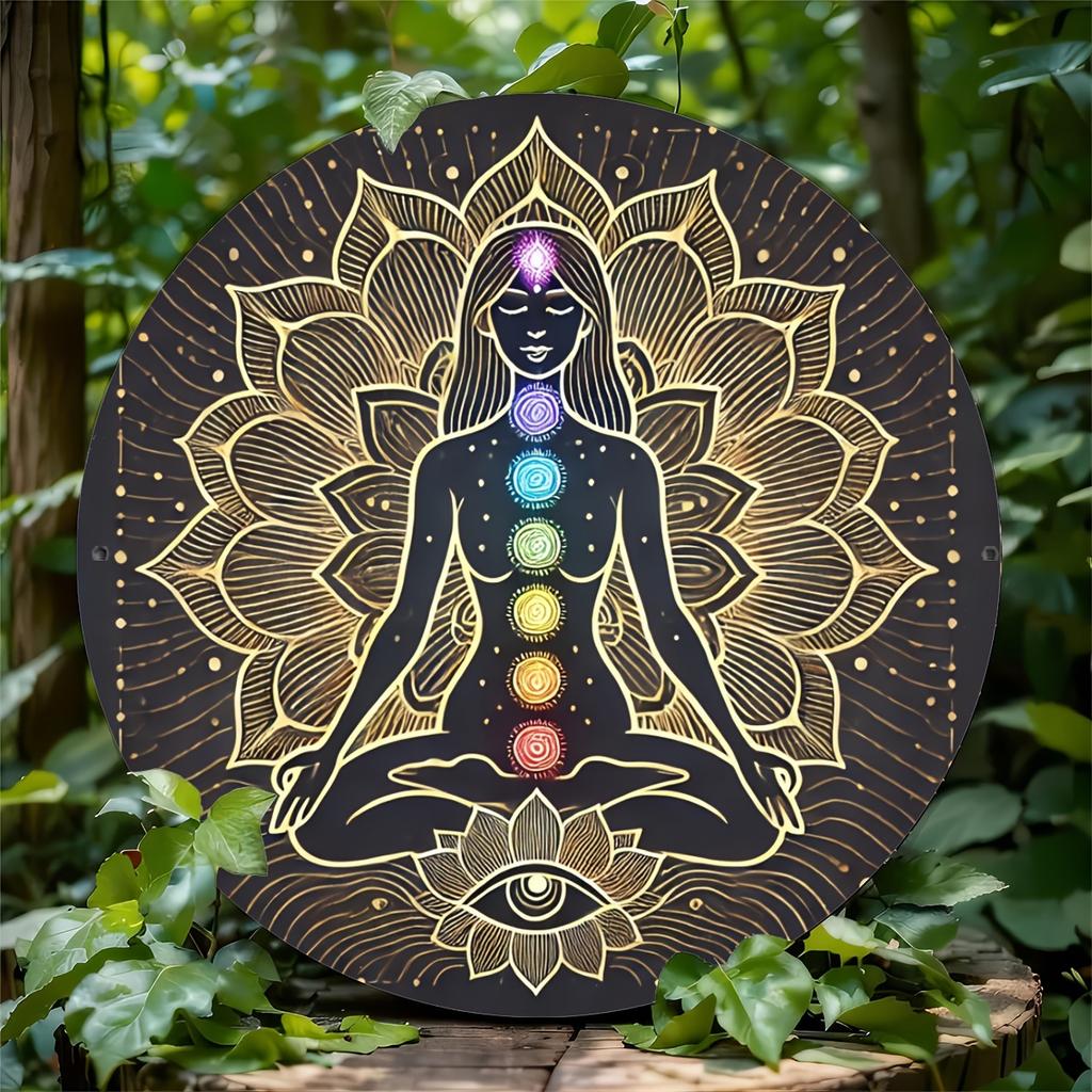 Chakra Yoga Meditation Round Tin Sign Vintage Durable Metal Plaque Wall Decor Spiritual Zen Style Home Office Bar Man Cave Wa