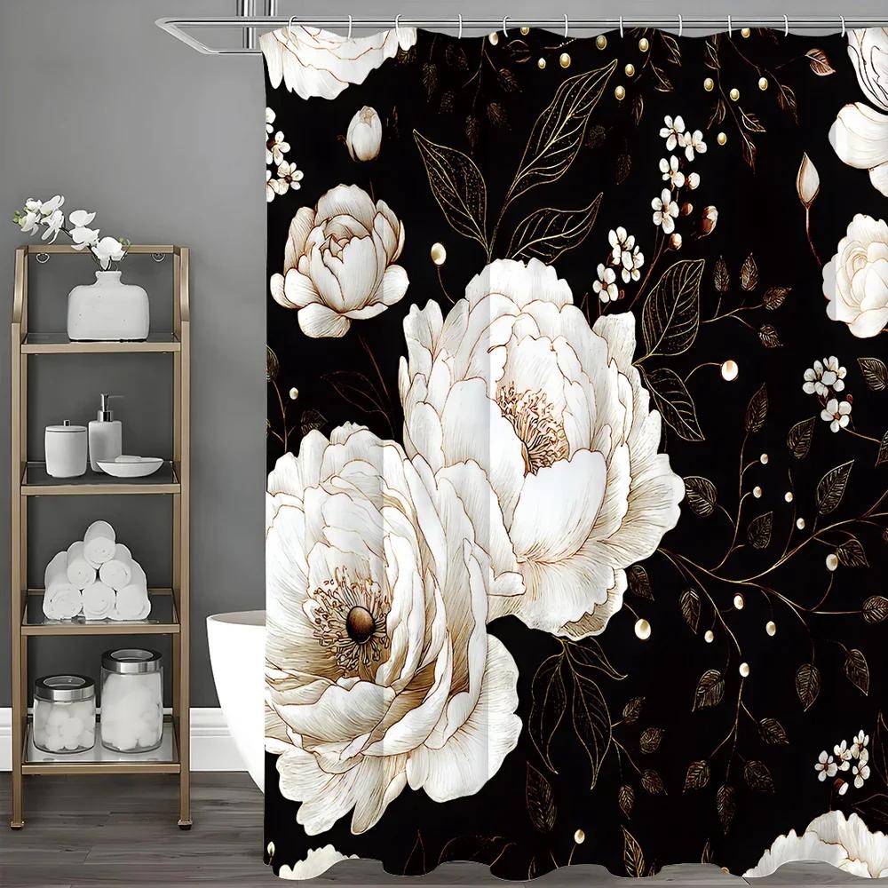 

Peony Flower Black Background Shower Curtain, Bathroom Decorative Shower Curtain, Waterproof Shower Curtain With Hooks 180X20 W60H190(CM)-1 Pcs
