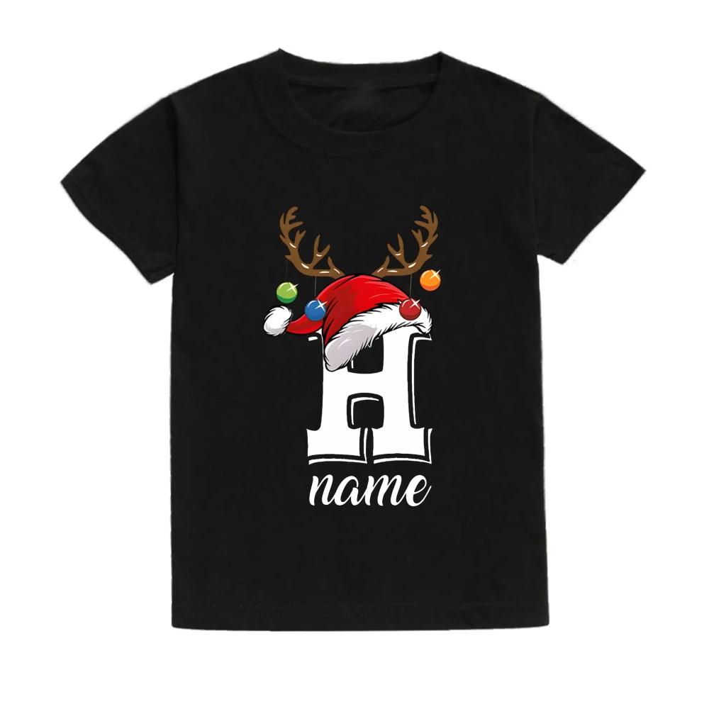 Christmas Kids T Shirt Initial with Name Child Clothes Tops Boy Girl Xmas Party Outfits Children Holiday T-shirt