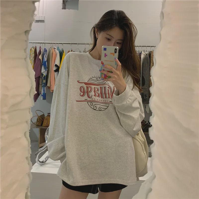 Damen Baumwoll-Sweatshirt mit lockerem Schnitt, mittellangem Schnitt und Rundhalsausschnitt - Langärmeliges Herbst-/Winter-Oberteil