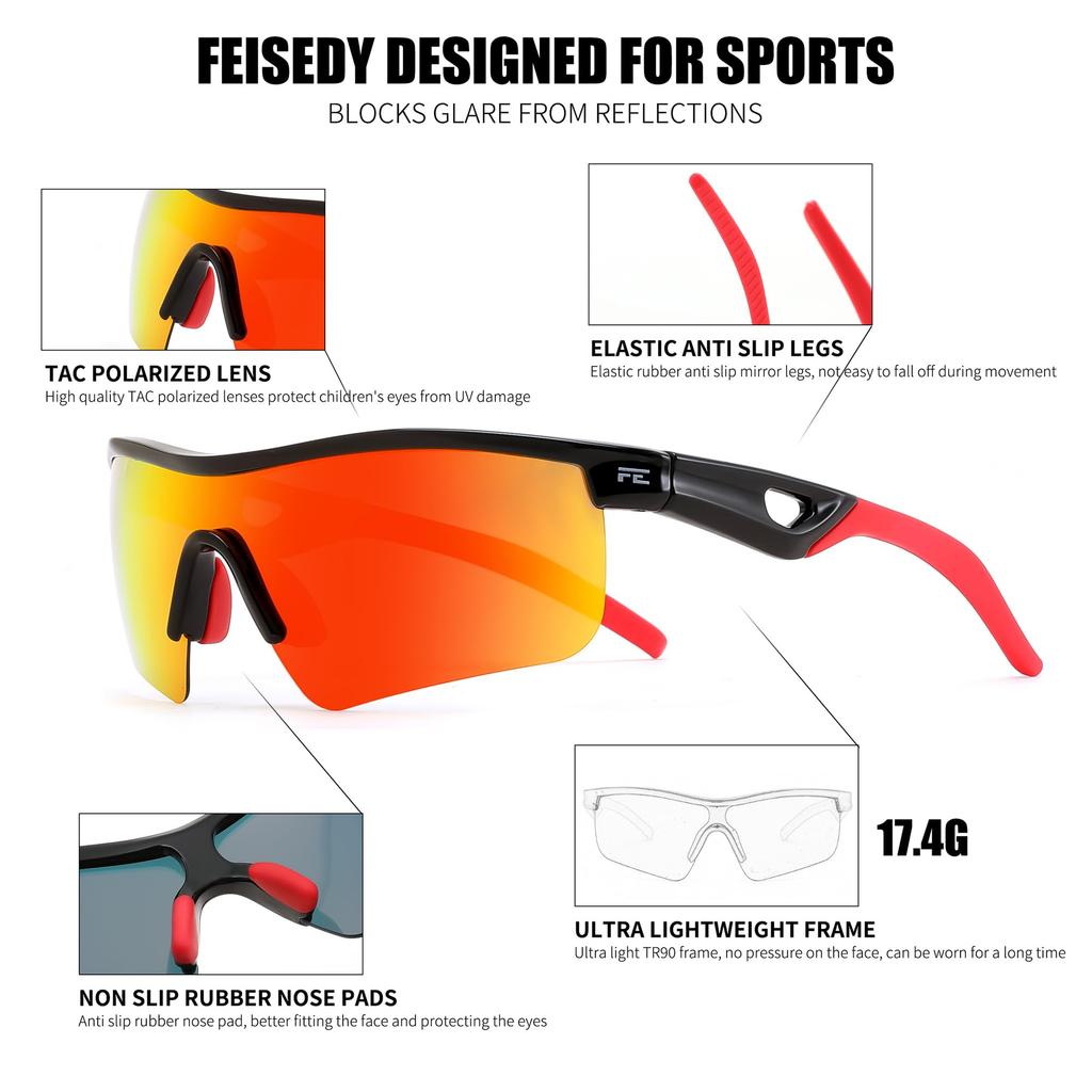 Feisedy Kids' Sports Sunglasses, Polarized Lenses, UV Protection, TR90 Ultra-Lightweight Sunglasses for Golf, Jogging, Baseball, Basketball, Fishing,
