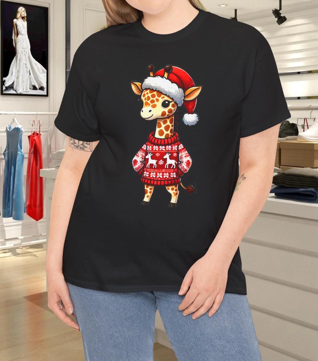 

Giraffe Ugly Sweater Santa Hat Christmas Cotton Unisex T-Shirt S