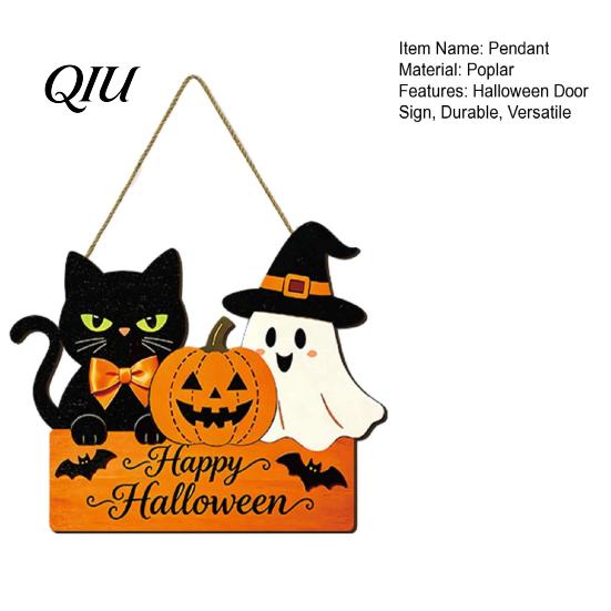 Black Cat Pumpkin Ghost Pendant Halloween Door Sign with Hemp Rope Lanyard, Printed Hanging Kindergarten Holiday Environment Decor Plaque, Wooden