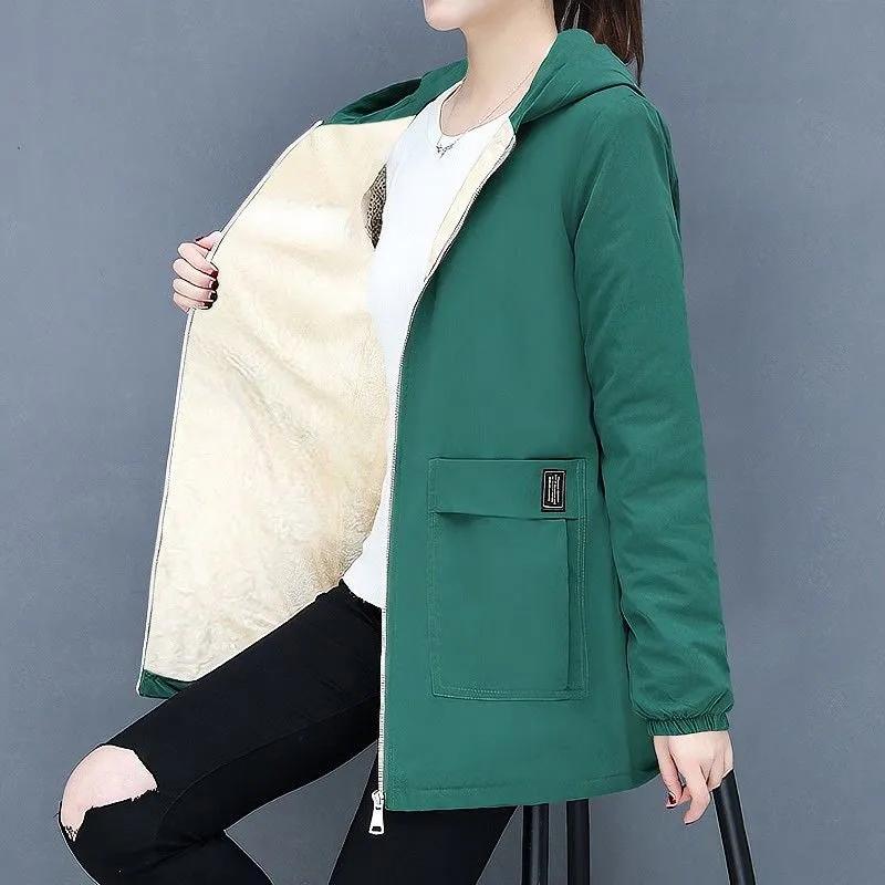 Women Windbreaker Autumn Women's Fleece Jacket  Casual Hooded Winter Overcoat Zipper Pocket Female Basic Coat