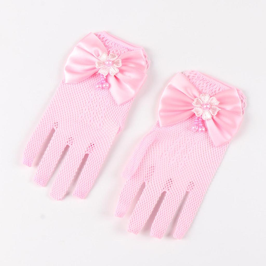 Kids Party Lace Pearl Fishnet Gloves Communion Flower Girl Party Mittens Children's Mittens High Elasticity Mesh Bow Gloves