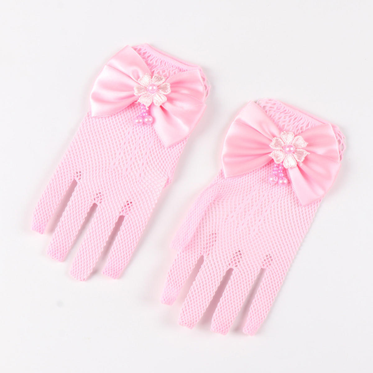 

Детские праздничные кружевные перчатки-сетки с жемчугом, перчатки для причастия, перчатки для вечеринки девочки-цветочницы, детские перчатки, сетчатые перчатки с бантом высокой эластичности one size розовый