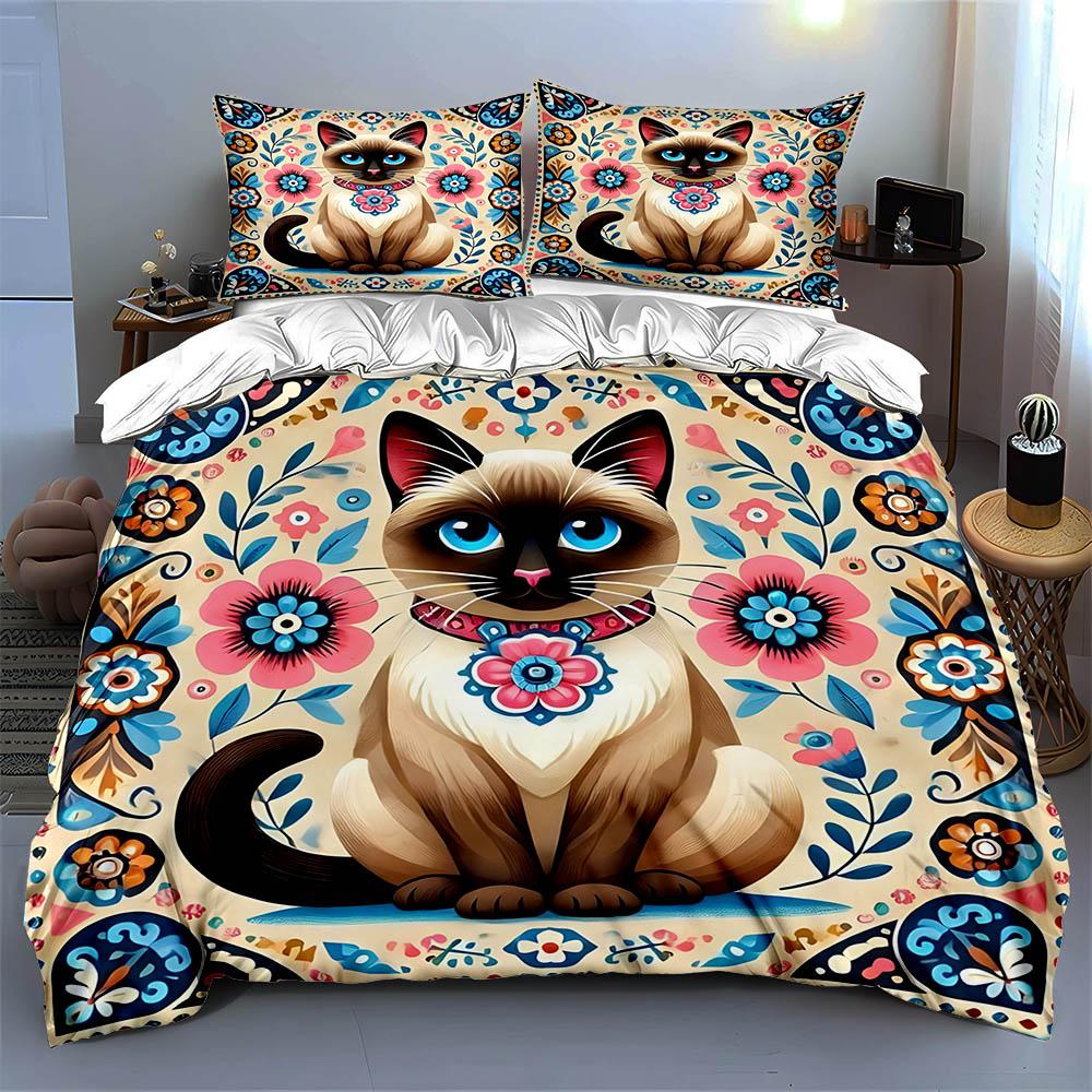 Katzen-Blumendesign. Bettwäsche Bettbezug-Sets Bettbezüge Kissenbezüge Geschenke (1 * Bettbezug 2 * Kissenbezüge, ohne Bettdecke)