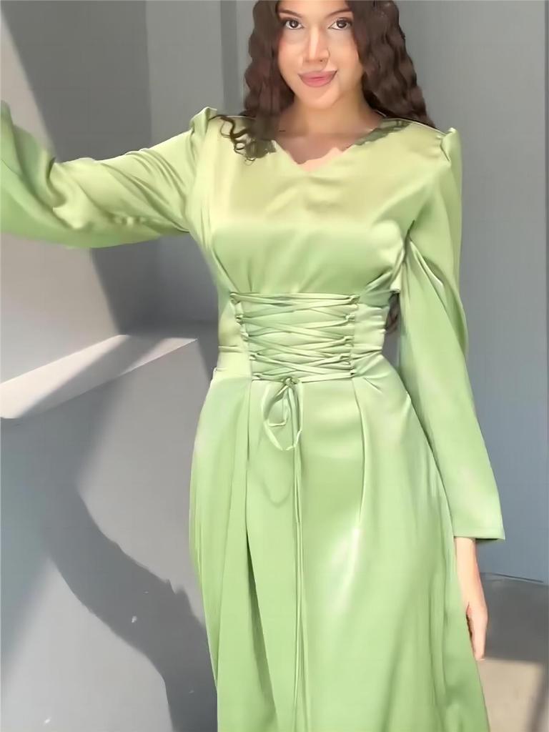 Waist-Cinching V-Neck Long Sleeve Elegant Dress 2024 - Slim-Fitting European & American Style