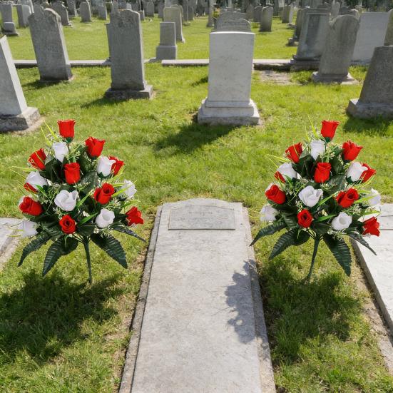 2 Pcs Artificial Cemetery Flowers Outside Fake Red White Rose with Long Nail Vase Memorial Flower Bouquet for Cemetery Headstone Graveyard Decor