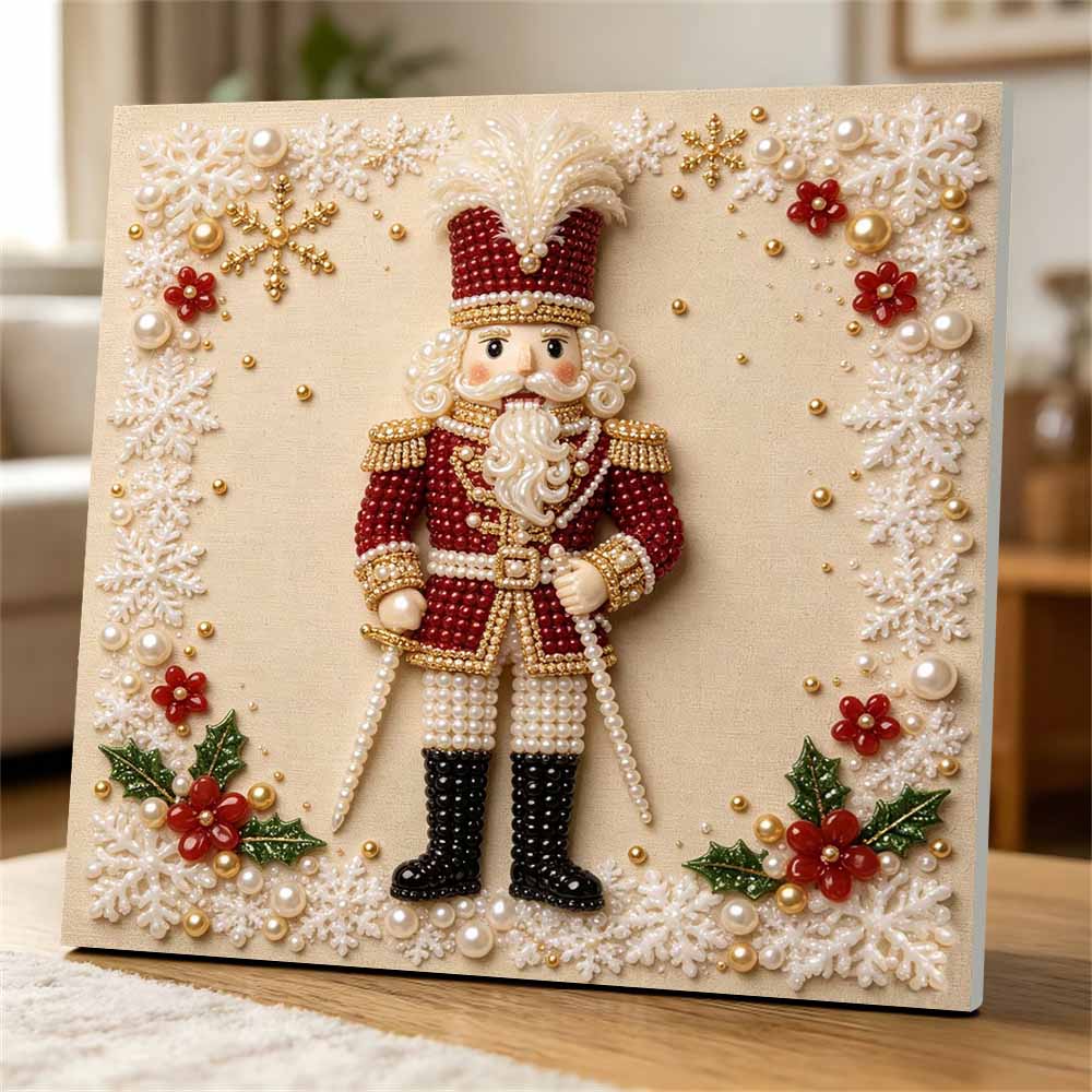 Handmade Framed Pearl Painting Set with Festive Nutcracker Design 5D Shiny Bead Art Canvas Creative Craft for Christmas Home Room Decor