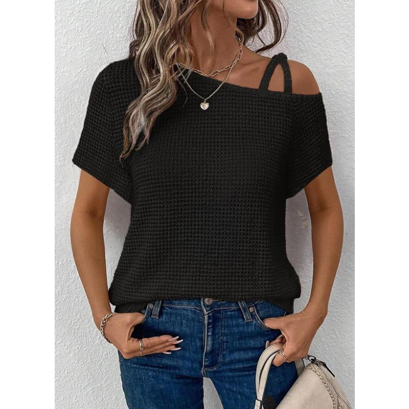 Short-sleeved Solid Tops for Women Summer New Styles Versatile Off-shoulder Knitted Women's Clothing