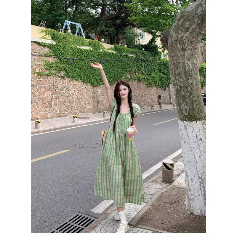 Green Plaid Bubble Sleeve Dress Women's Summer Thai Dopamine Bright Xinjiang Seaside Vacation Long Skirt