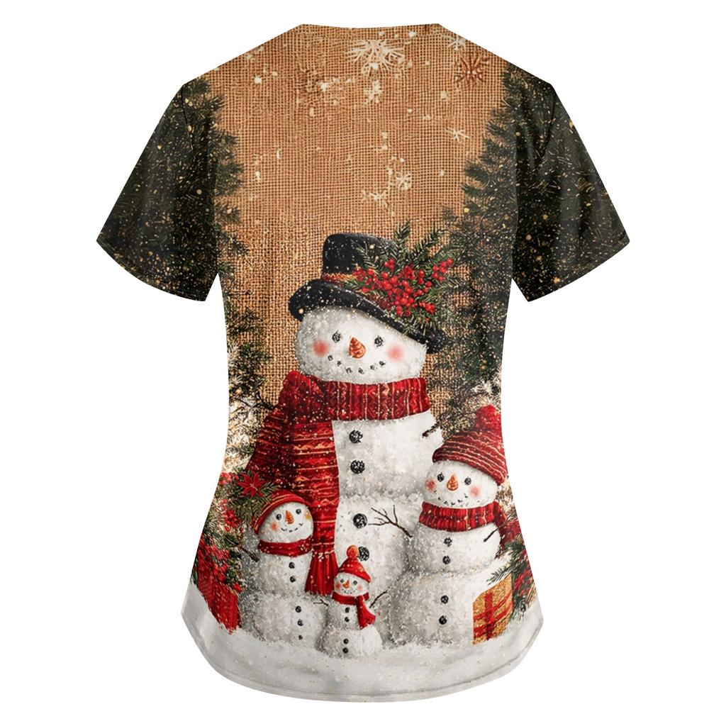 Women's Christmas Print Loose Fit V-Neck Short Sleeve Scrub Top with Pockets for Work