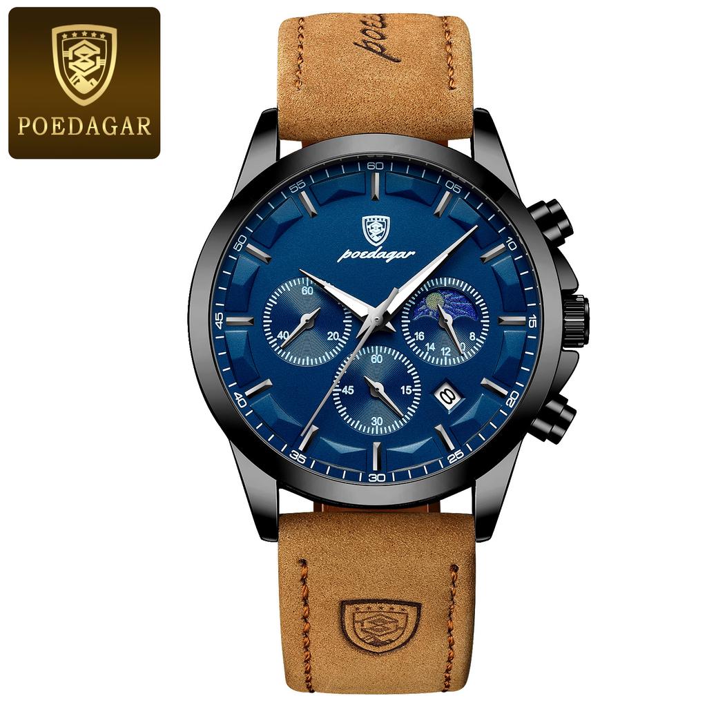 POEDAGAR Luxury Man Wristwatch Sports Leather Quartz Watch Waterproof Luminous Calendar Chronograph Watches Male Clock