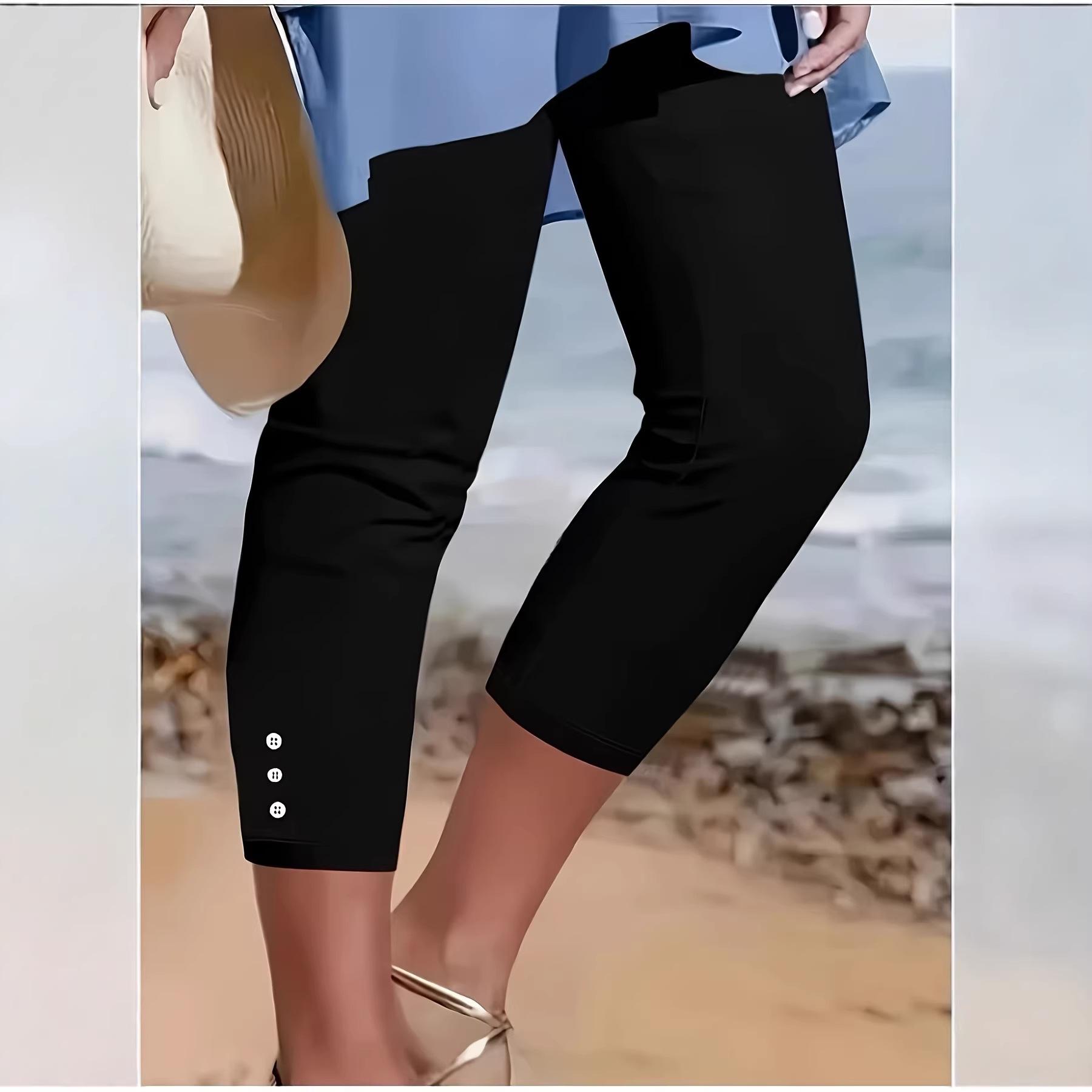 

Summer 2026 Mid-Waist Elastic Solid Color Sexy Button Casual Pants M чорний