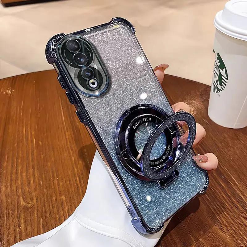 Honor90 5G Case Luxury Magnetic Bracket Shockproof Cover For Huawei Honor 90 70 50 80 100 200 Pro Case with Holder Shiny Glitter
